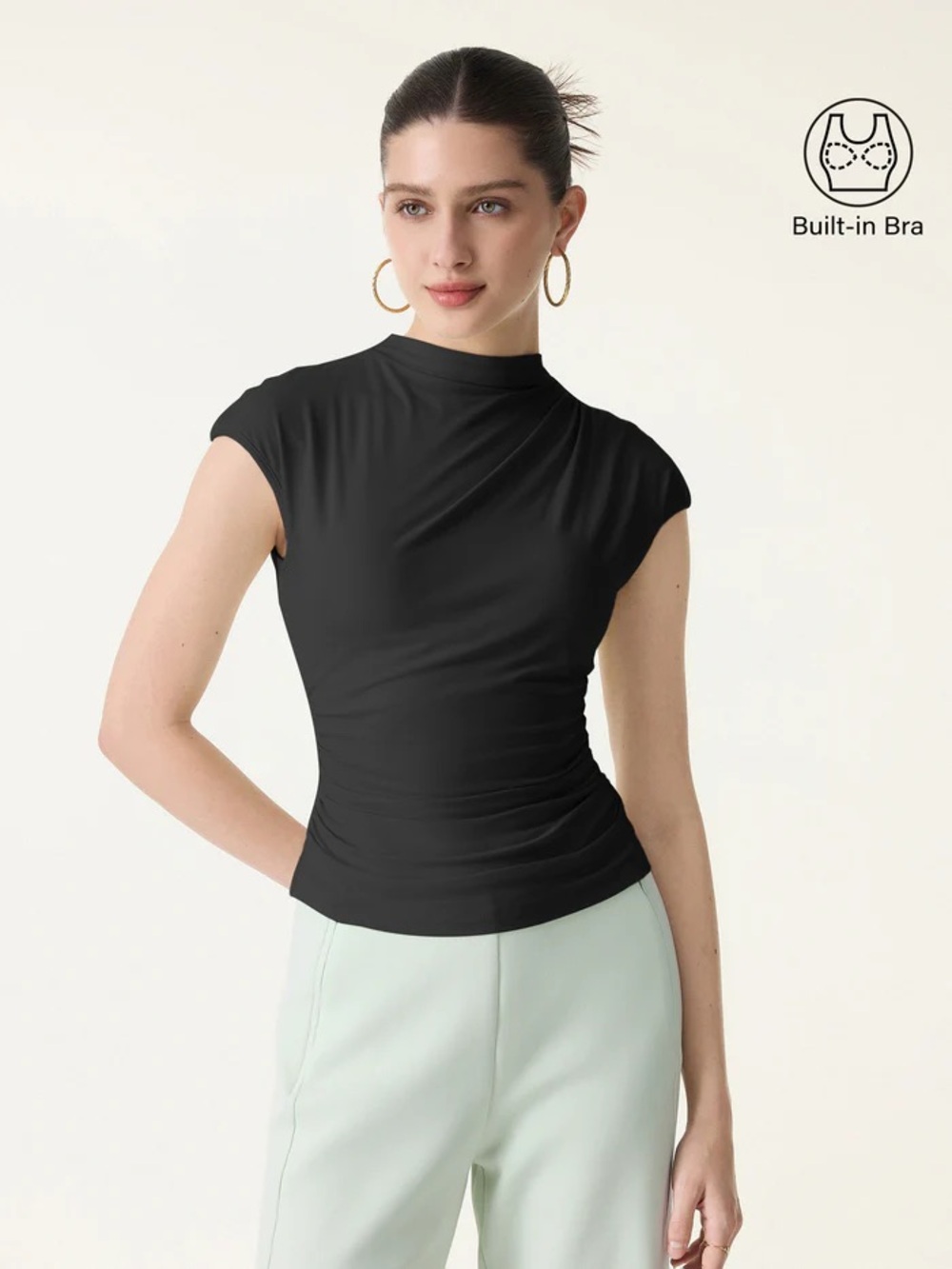OGL Eco-SkinKiss® Mockneck Ruched Cropped Bra Top Black  Large $49 NEW